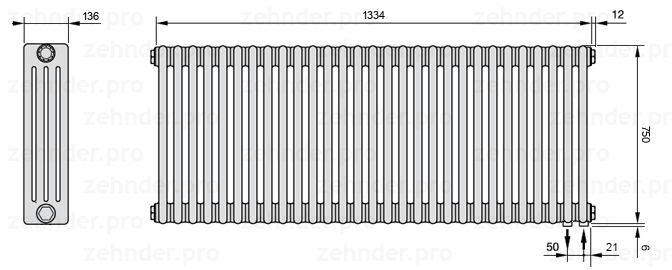 Схема (чертеж) Радиатор Zehnder Charleston 4075/29 №5510 Белый глянцевый RAL 9016